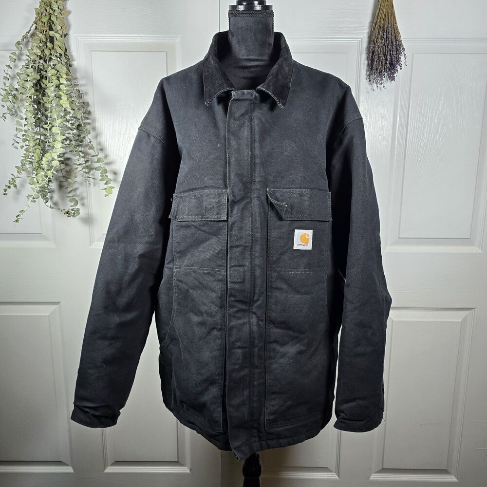 Mens Carhartt 3XL Work Jacket Canvas Quilt Lined Corduroy Collar C003 BLK